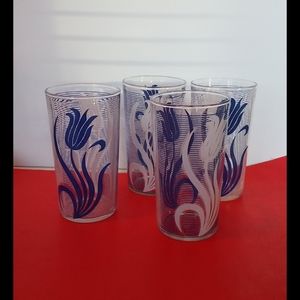 Bundle 4 Vintage blue Libbey juice glasses Tulip flower floral Spring Easter set